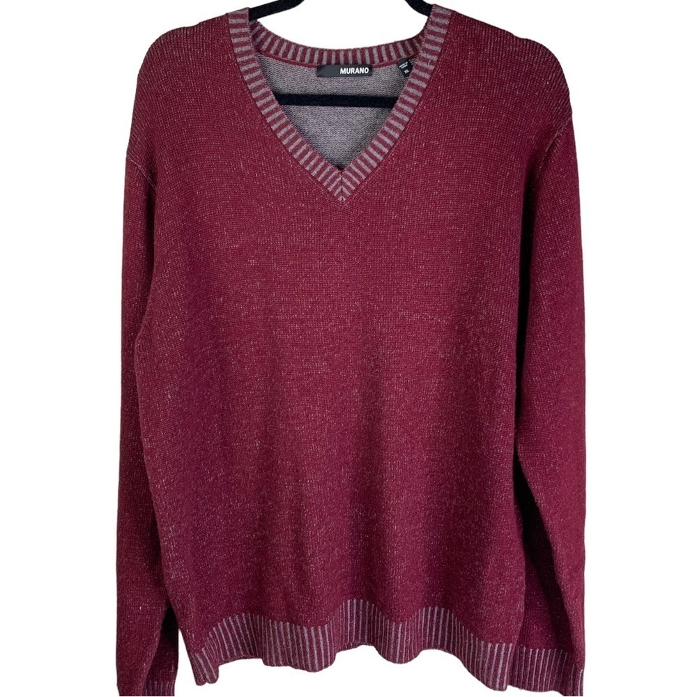 Murano Burgandy & Gray Italian V-Neck Cashmere & Wool Blend Sweater Size X-Large